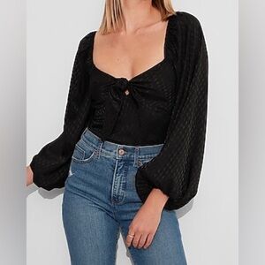 Express Satin Jacquard Tie Front Thong Bodysuit Black XS